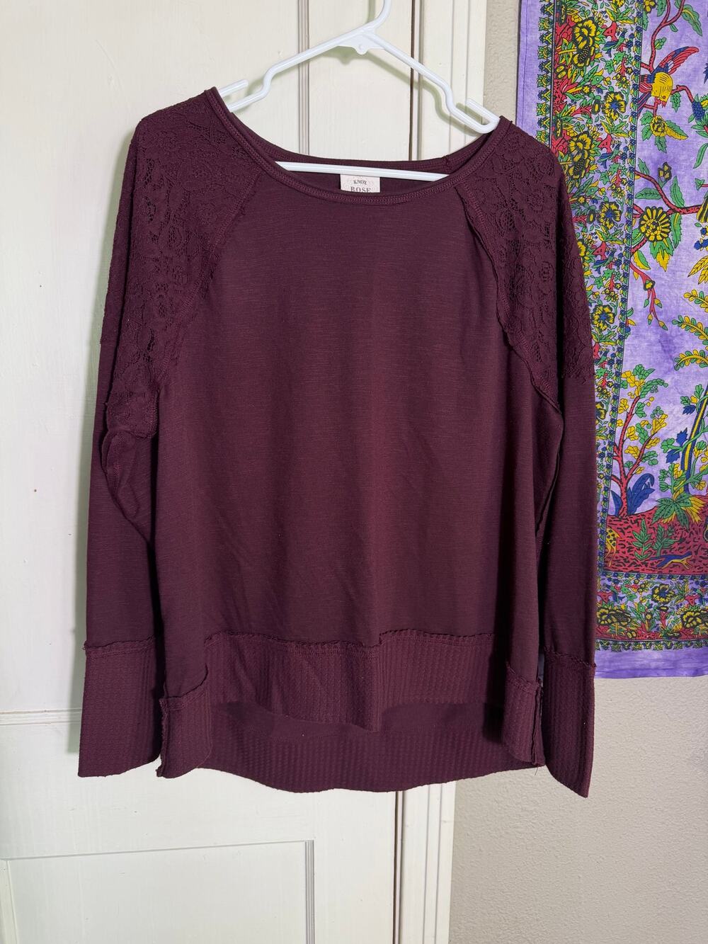 Knox Rose XL Burgundy Lace Shoulder Boho Top Long Sleeve Oversized Tunic
